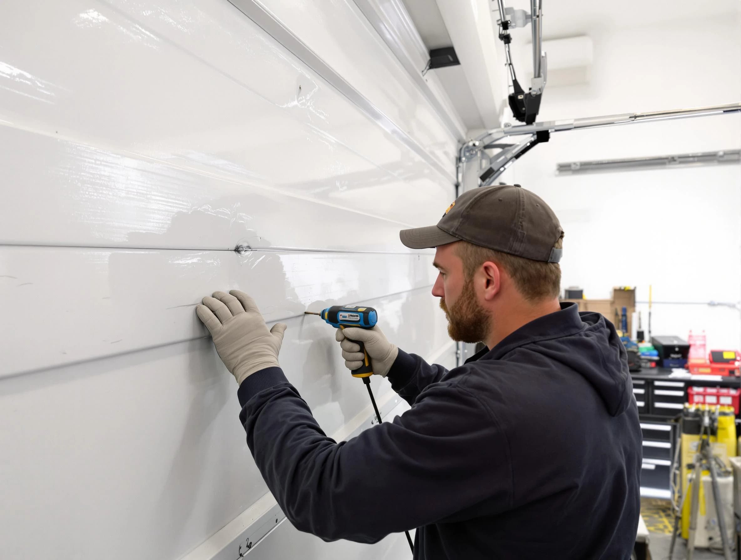 Tuckahoe Garage Door Repair technician demonstrating precision dent removal techniques on a Tuckahoe garage door
